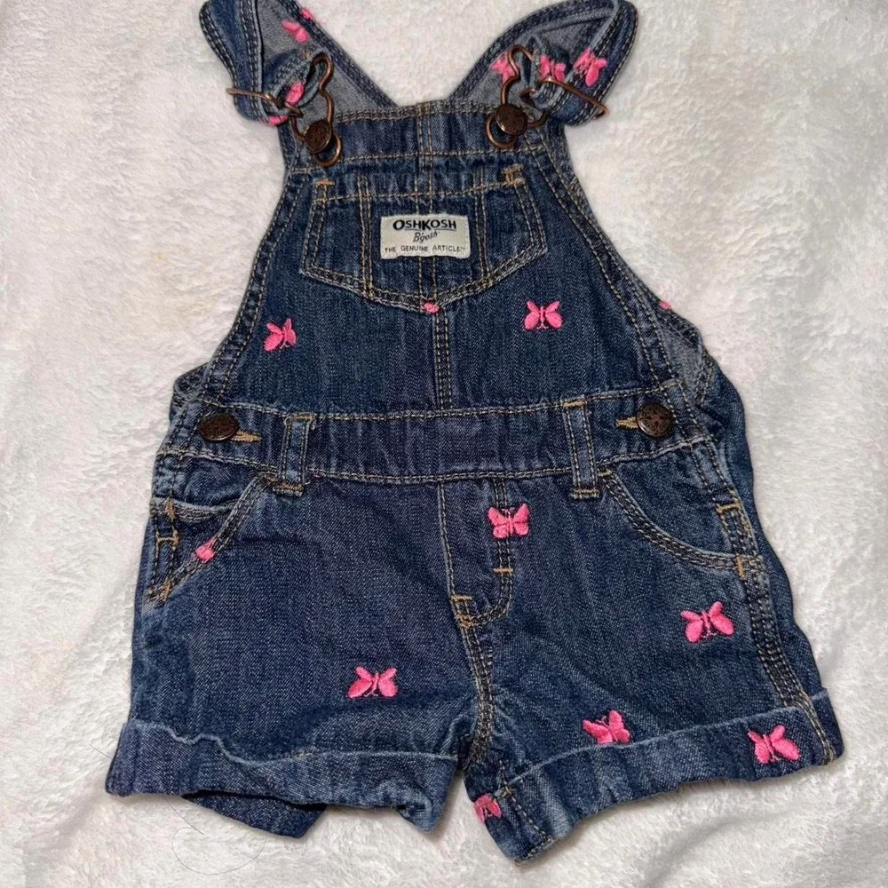 OshKosh B'gosh blue denim overalls with pink butterfly embroidery Size 6 month
